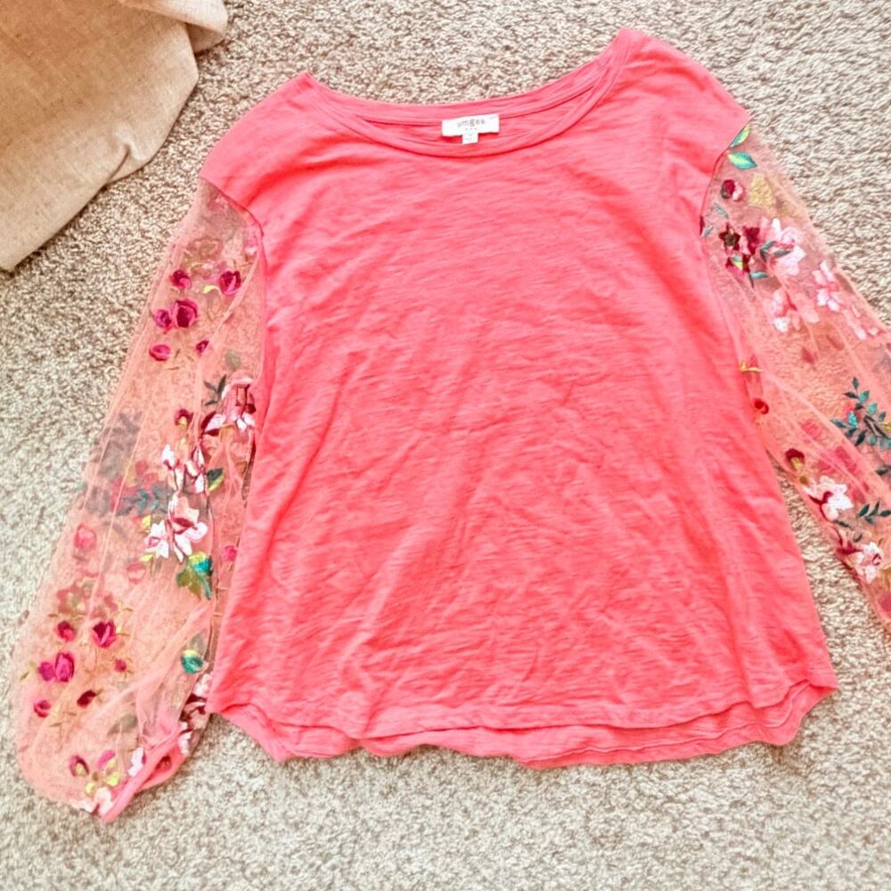 Umgee Sheer floral sleeve shirt euc m pink